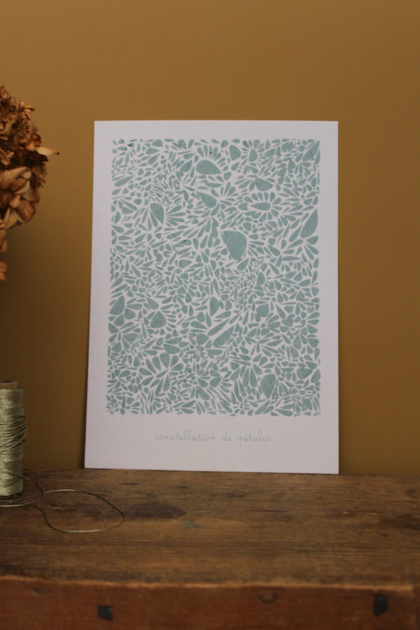 Sérigraphie constellation de pétales - vert sur papier