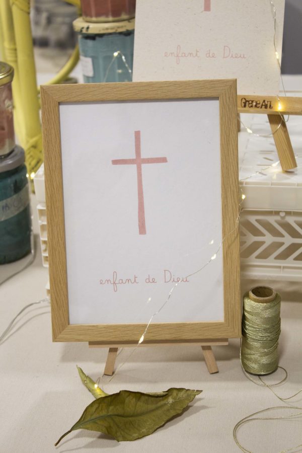 Sérigraphie A5 Croix rose - papier blanc