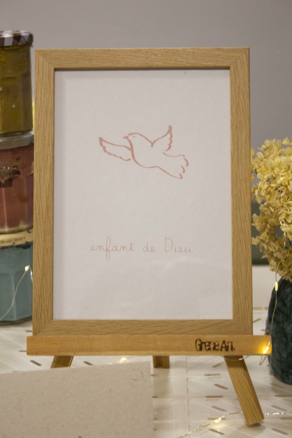 Sérigraphie A5 Silhouette de colombe rose - papier blanc