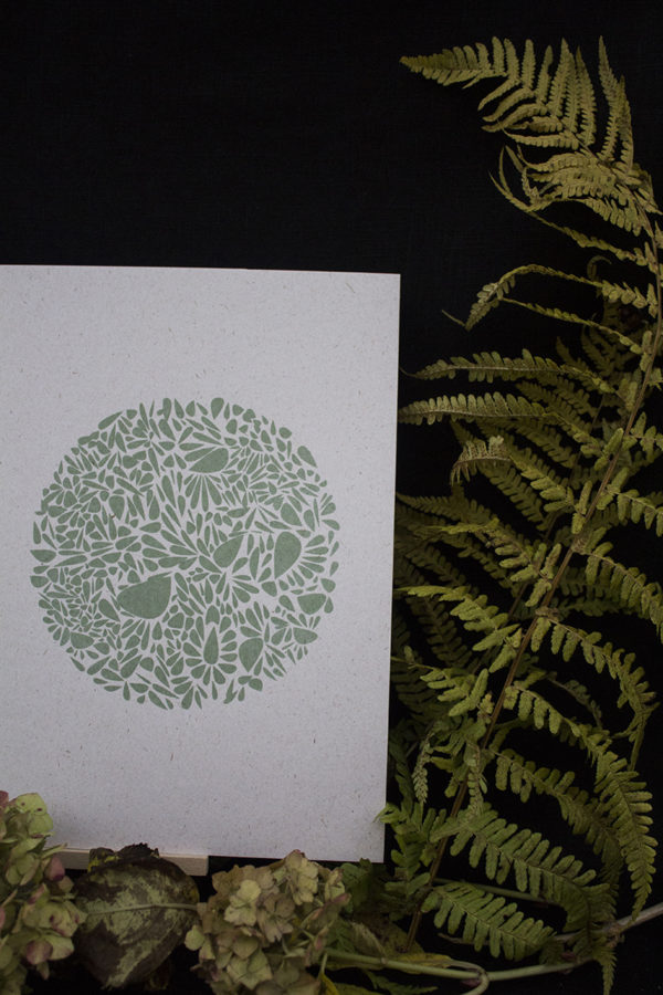 Sérigraphie constellation de pétales en rond - vert sur papier