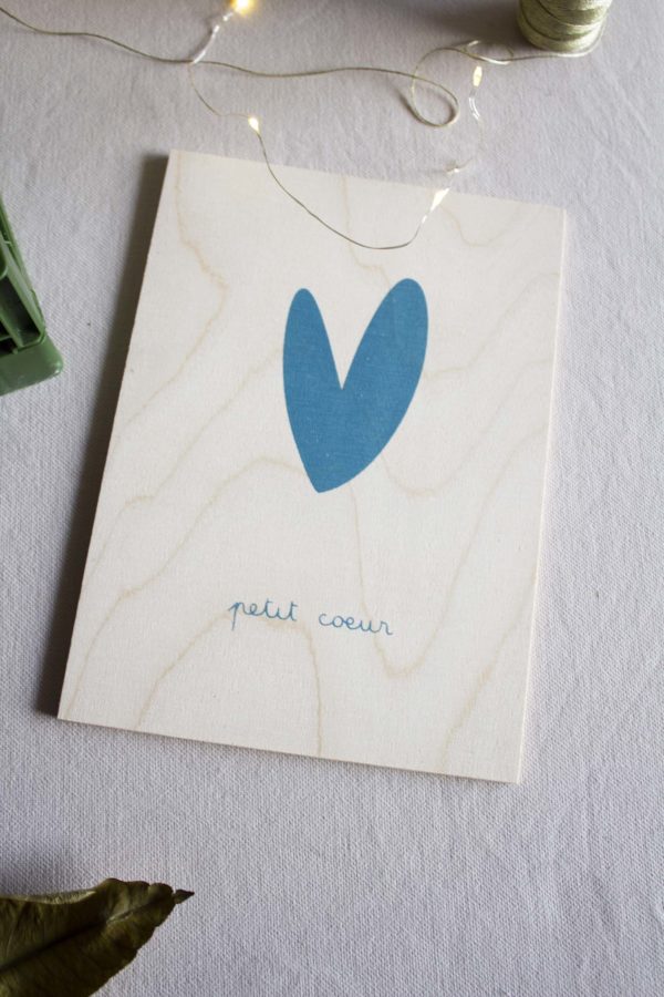 Sérigraphie A5 bois - Petit coeur bleu