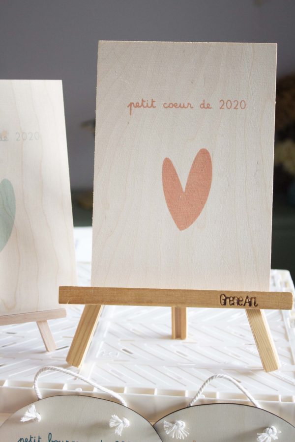 Sérigraphie A5 bois - Petit coeur de 2020 rose orangé