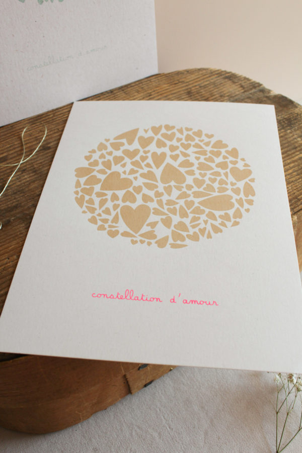 Sérigraphie constellation d'amour - beige et rose fluo