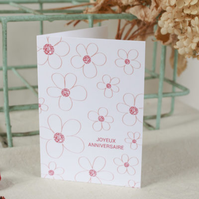 Carte postale d'anniversaire fleurs rose et prune - à volet