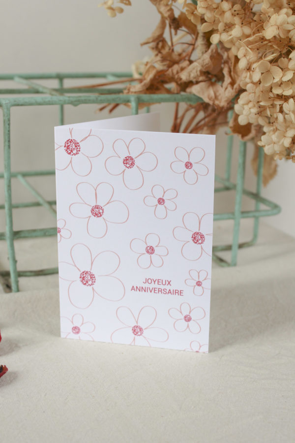 Carte postale d'anniversaire fleurs rose et prune - à volet