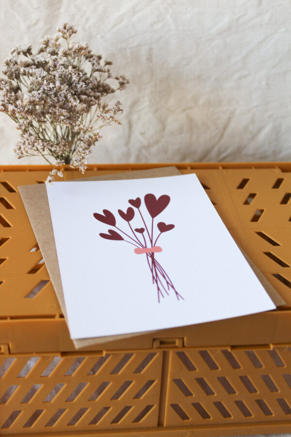 Carte postale bouquet de coeurs - prune